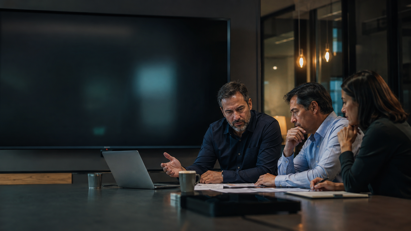 Gestores reunidos analisando informações para uma decisão empresarial